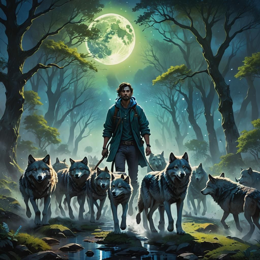 Mystical Landscape: Person Walking with Wolves