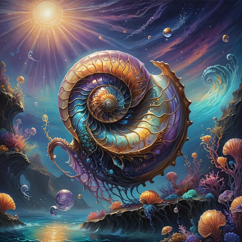 Bioluminescent Nautilus Shell in Mystical Ocean