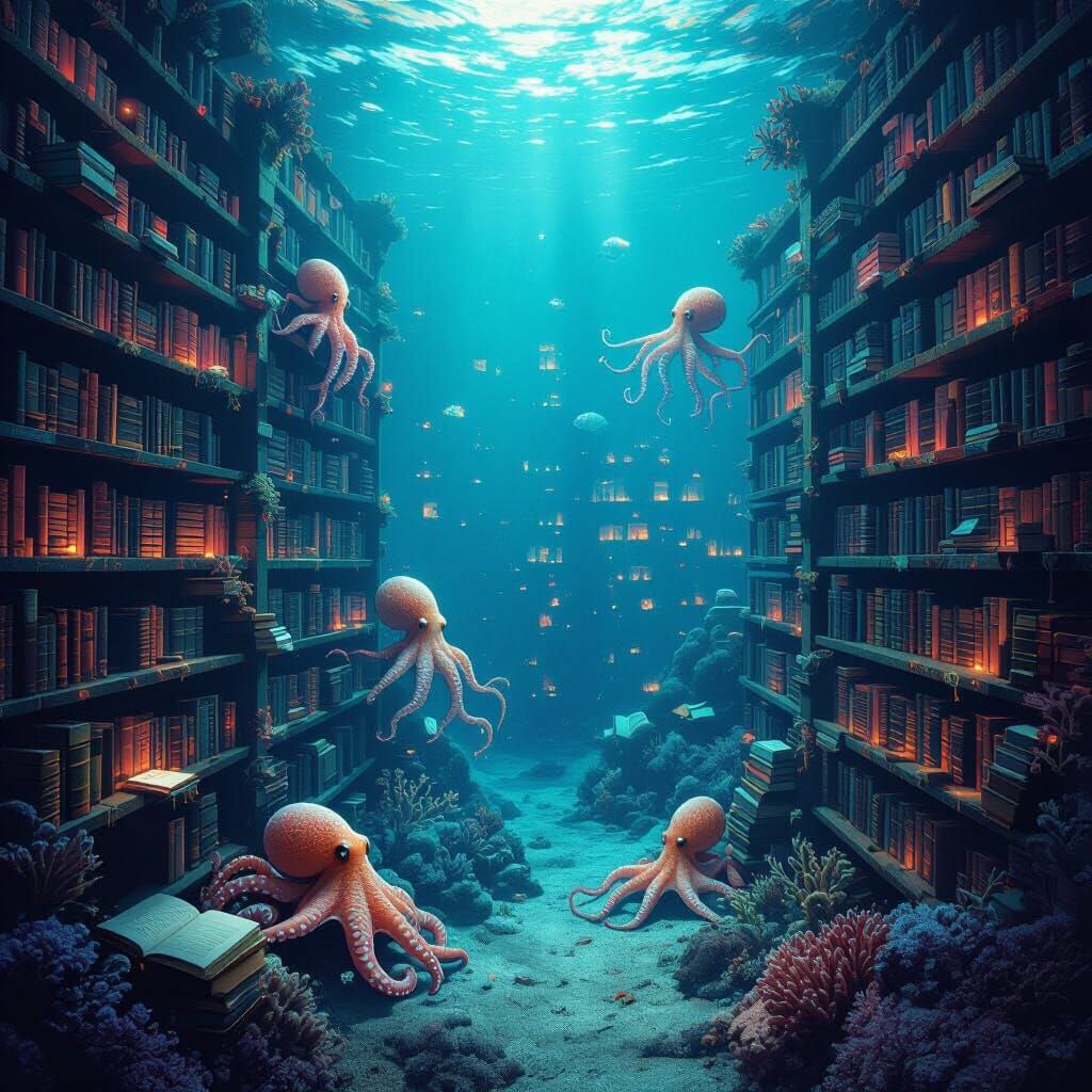 Bioluminescent Library at Ocean's Bottom in Surreal Style