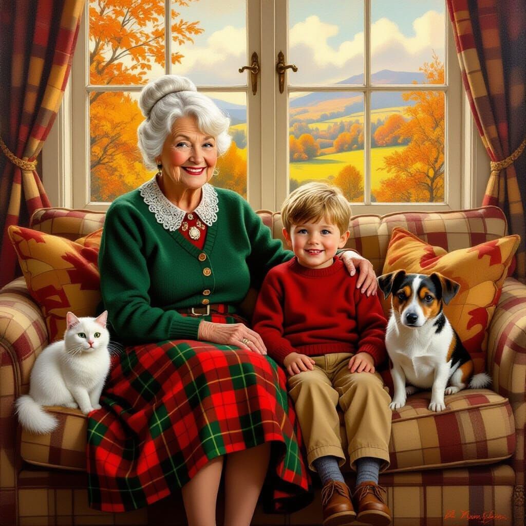 Grandmother and Grandson with Pets in Autumn Scenery