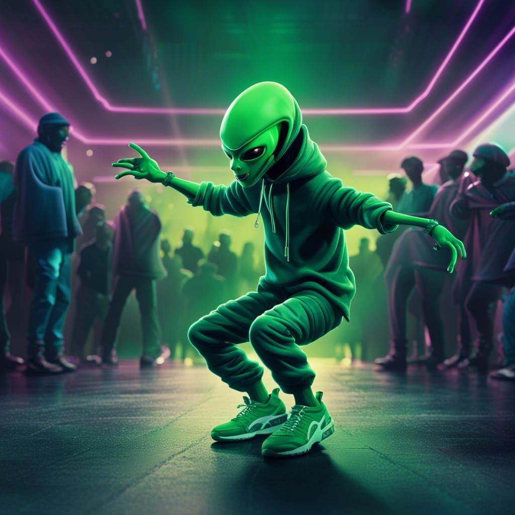 Green Alien Breakdancing in Noir Style, Digital Art
