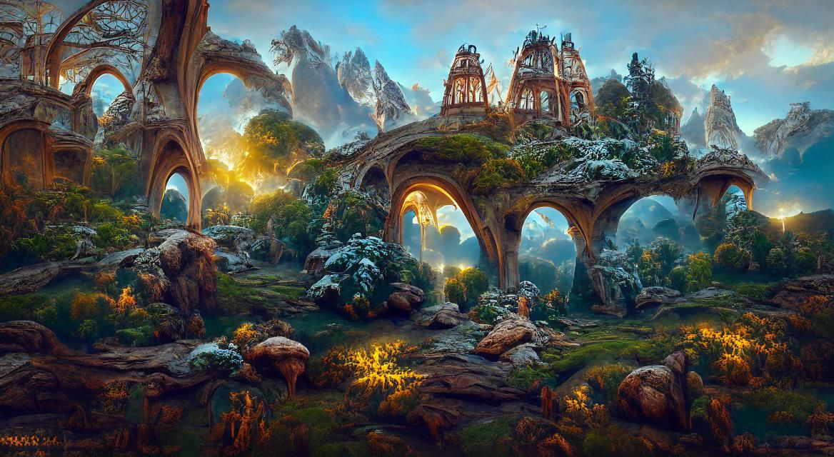 Magical Faerie Realm Landscape with Ornate Arches