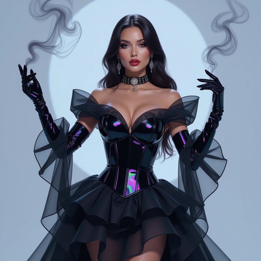 Sorya in Obsidian Latex Corset with Cascading Organza