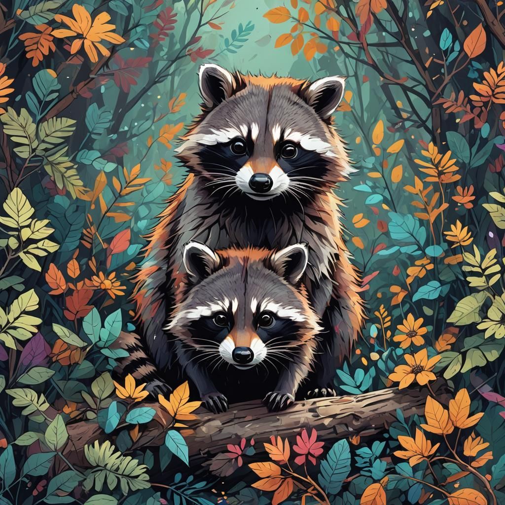 Colorful Minimalist Raccoon Sketch in Matte Painting Style