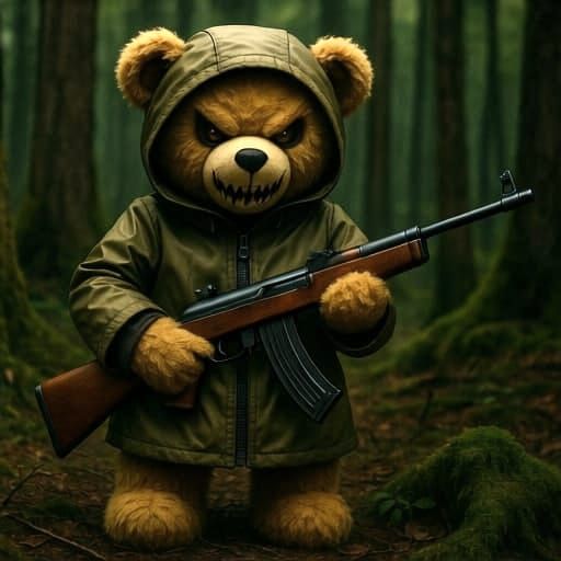 Sinister Teddy Bear with Rifle in Forest