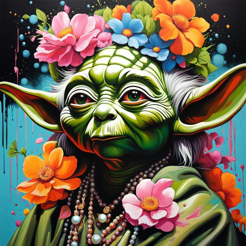 Queen Elizabeth II as Yoda in Graffiti Art Style