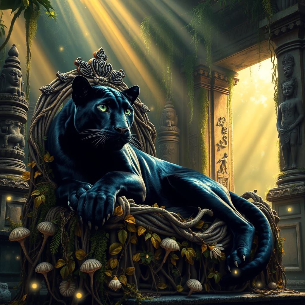Regal Jungle Panther Seated on Ancient Throne