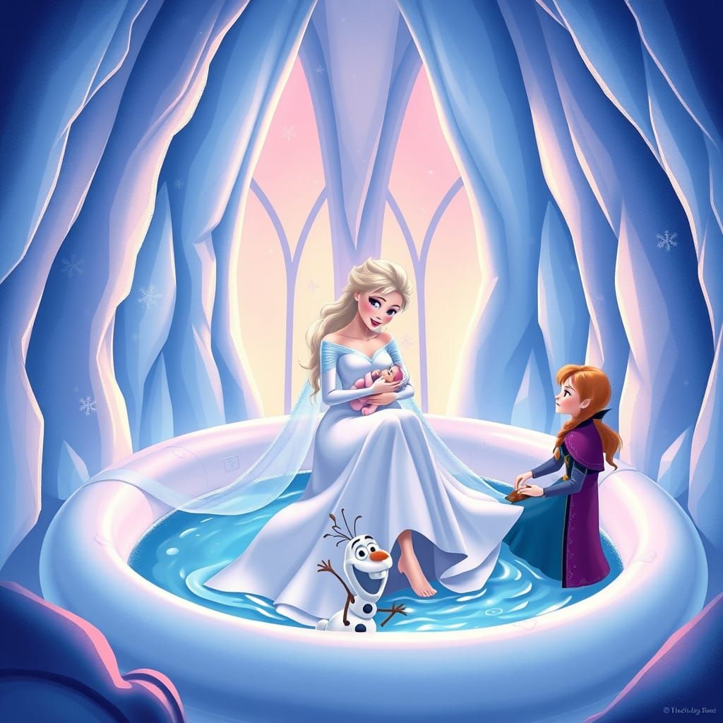 Elsa Gives Birth in Vibrant Ice Castle Wonderland