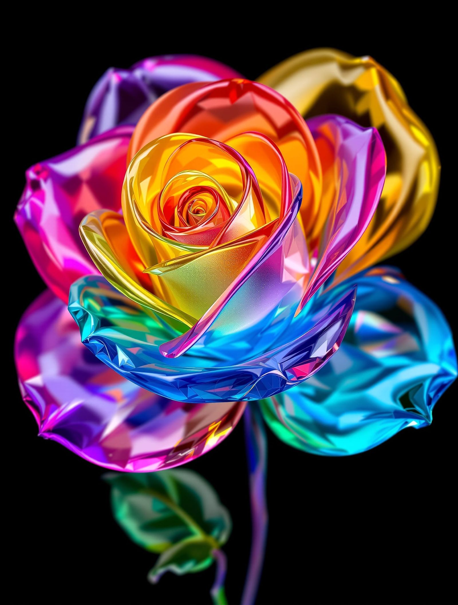 Shiny Glass Rose with Colorful Petals on Black