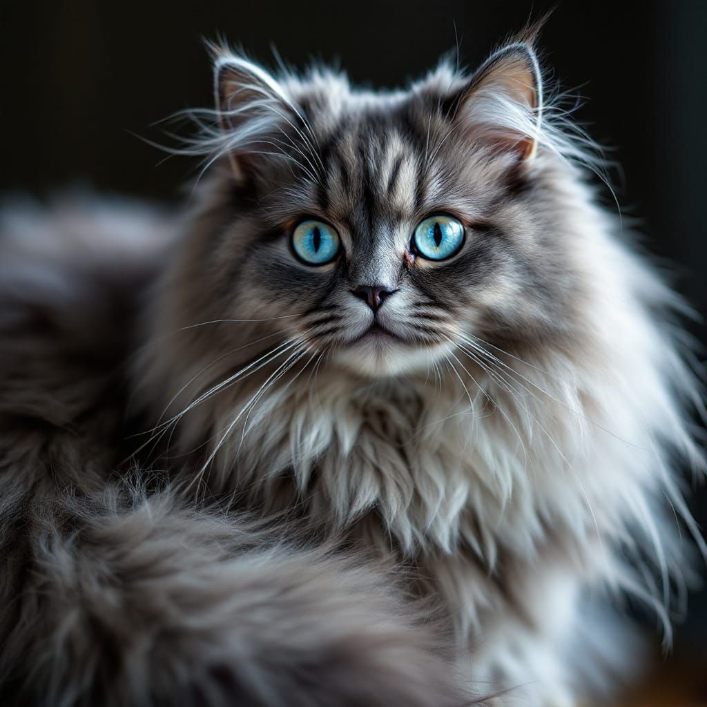 Fluffy Grey Cat with Blue-Green Eyes and Long Whiskers