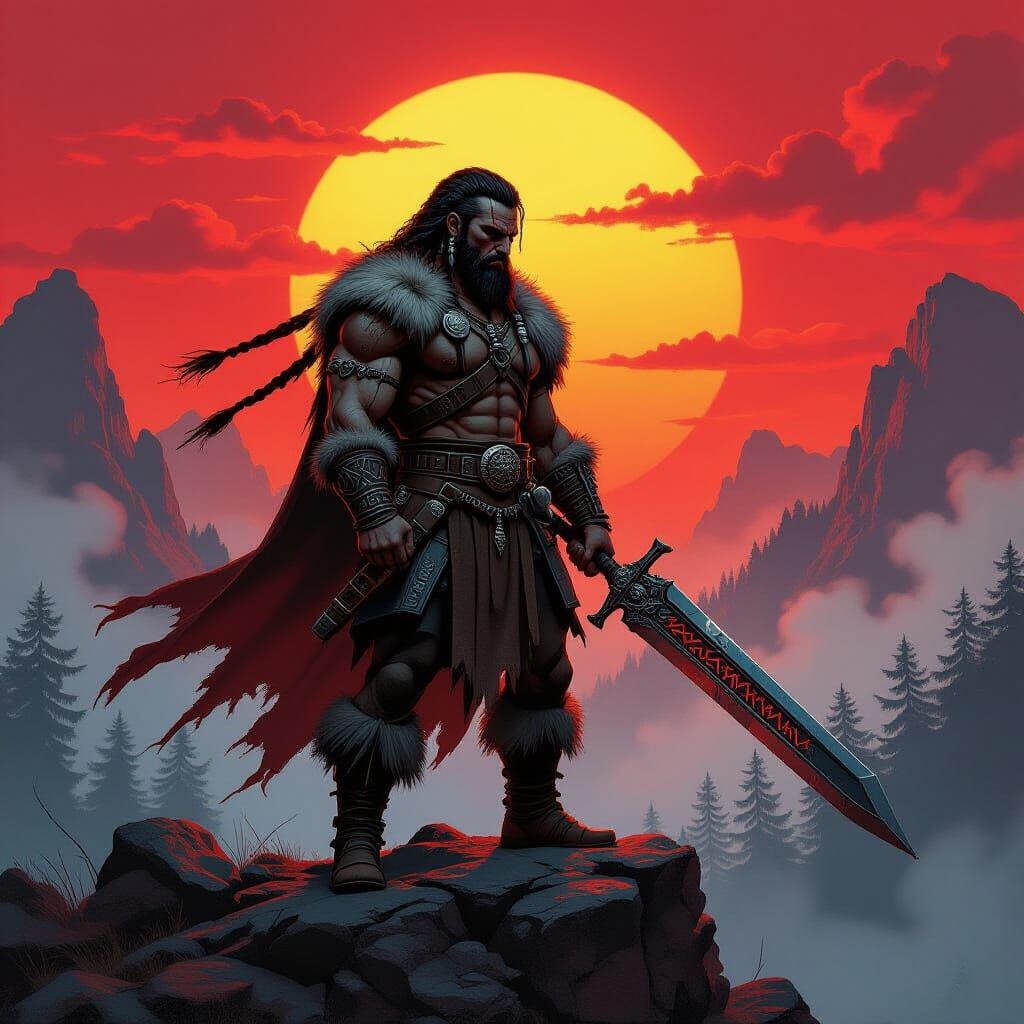 Barbarian Warrior Silhouetted Against Red Sunset in Fantasy ...