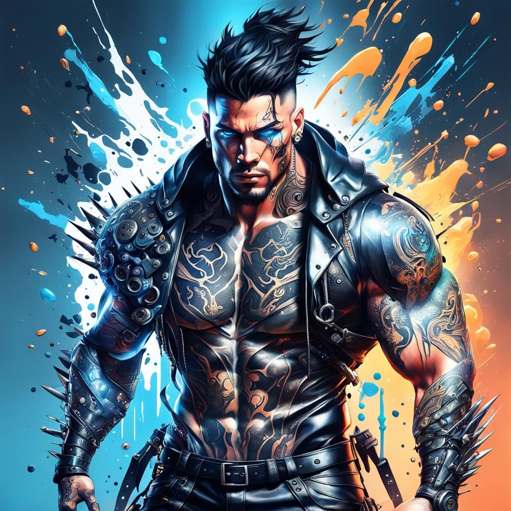 Hyperrealistic Cyborg Portrait with Tattoos and Metal Implan...