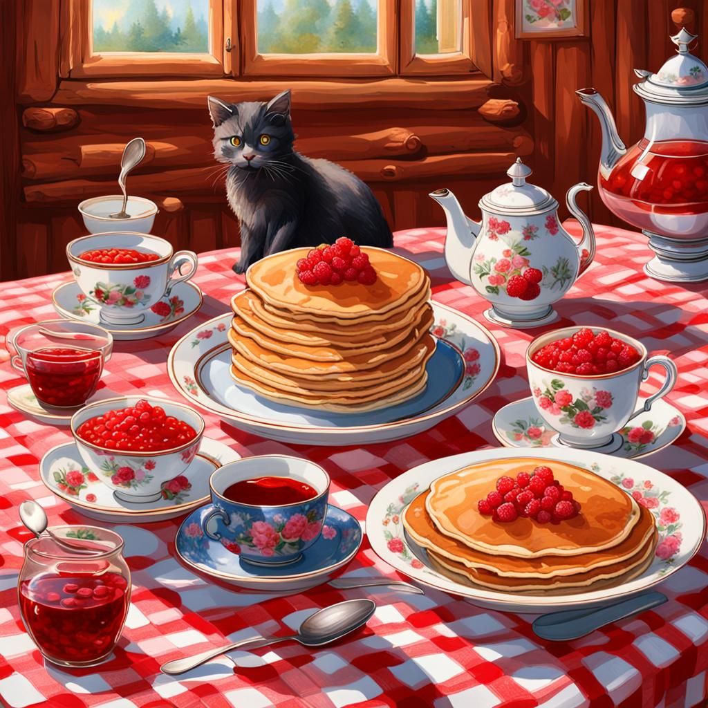 Festive Pancake Feast with Cat and Samovar