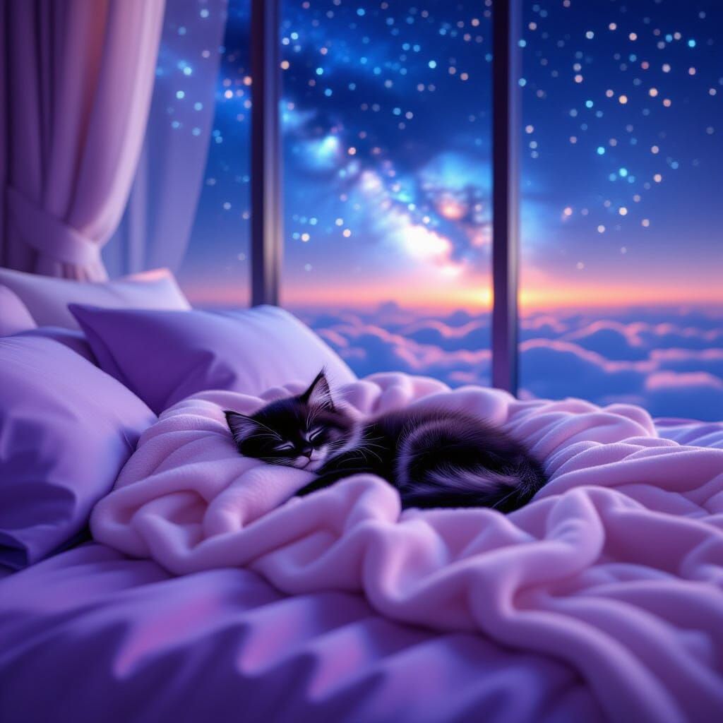 Fluffy Kitten Sleeps Amidst Cosmic Dreamscape