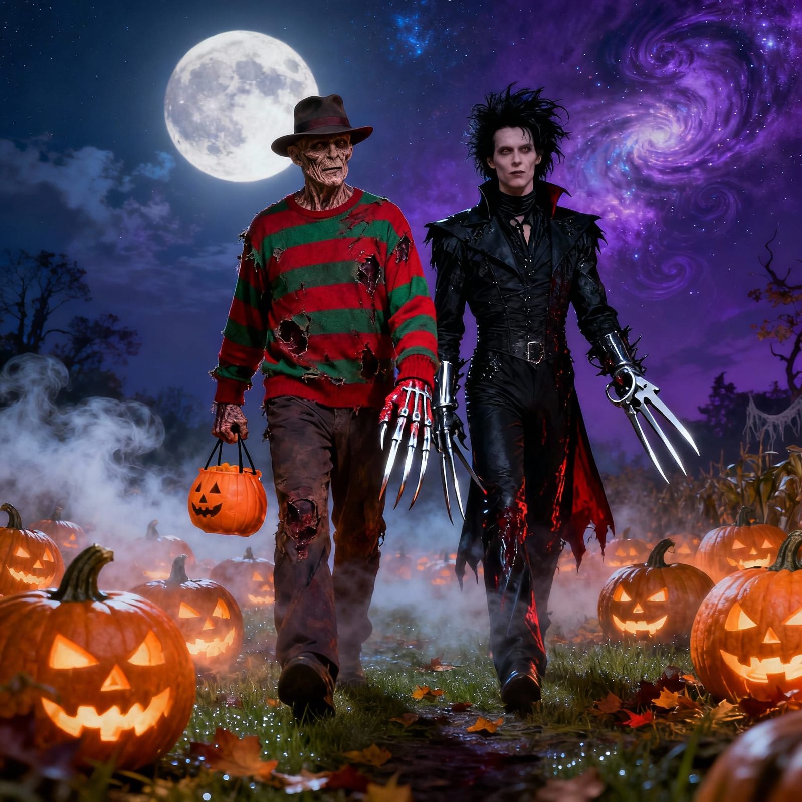 Horror Icons Trick-or-Treating in Vibrant Night Scene
