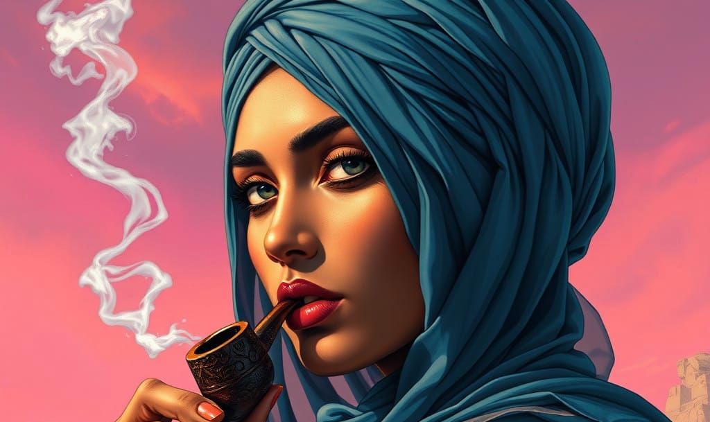 Dark Fantasy Woman in Close-Up, Smoking a Pipe in a Pink Sky