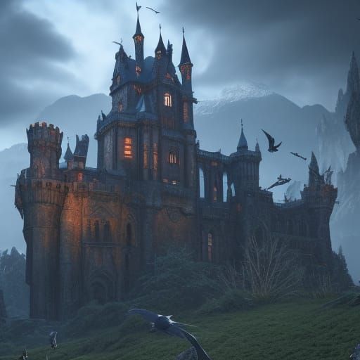 Gothic Castle Carved in Black Rock with Godrays