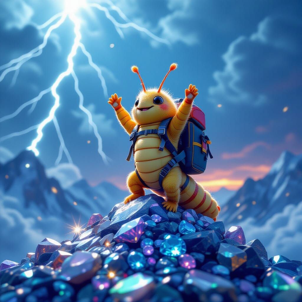 Ecstatic Caterpillar Conquers Gemstone Mountain in Hyperreal...