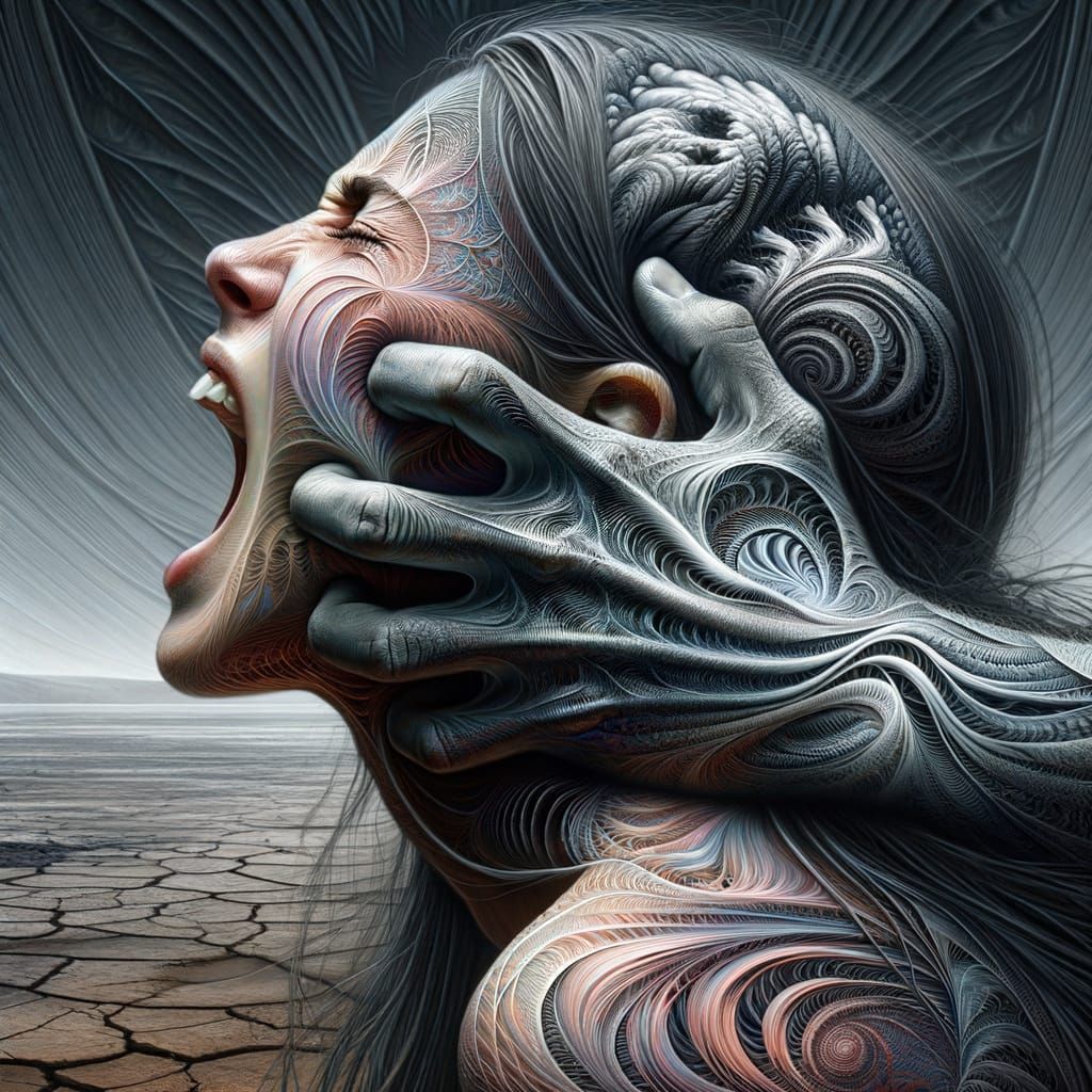 Distressed Woman Portrait with Hand, Zentangle Art