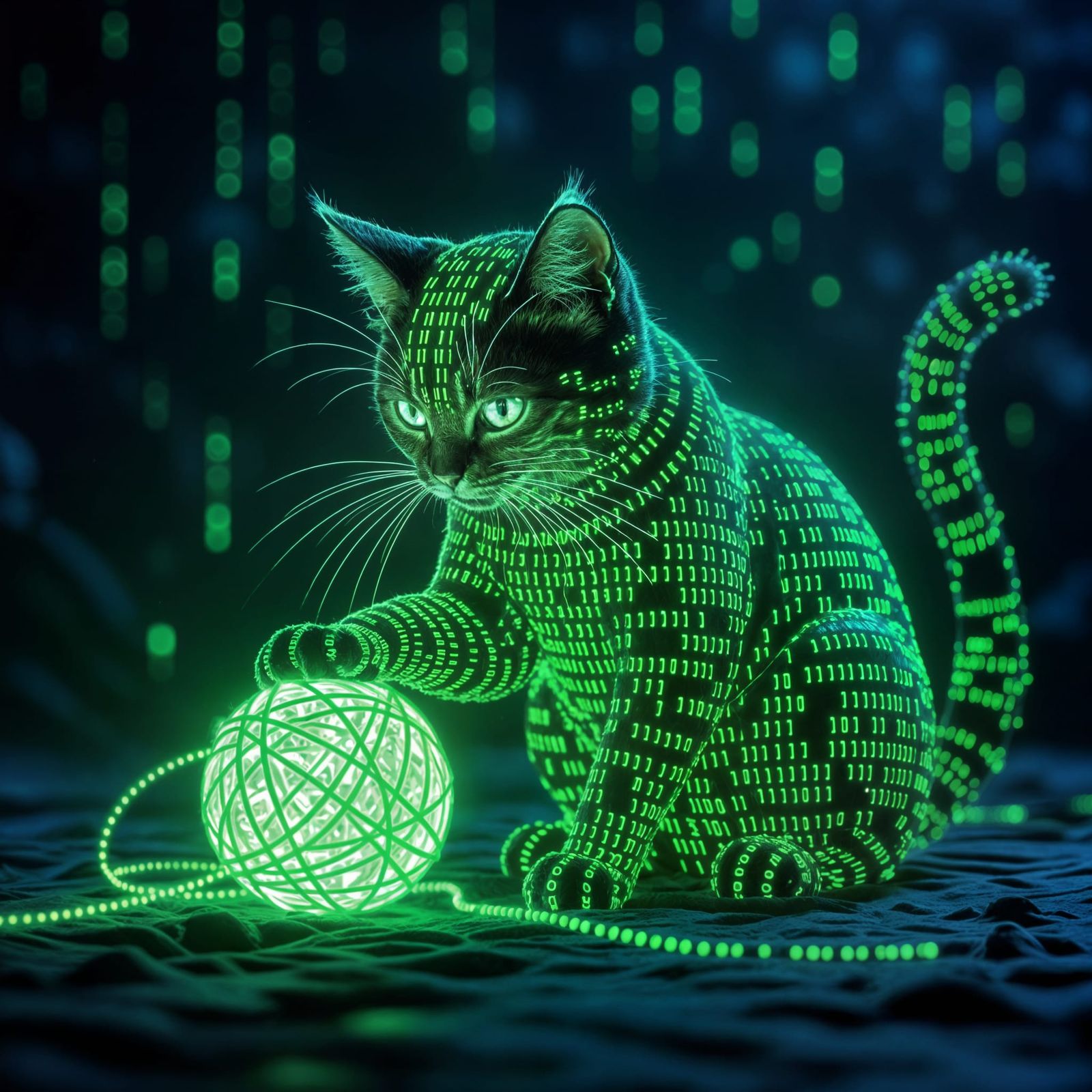 Binary Code Cat Plays with Yarn Ball in Digital Glow