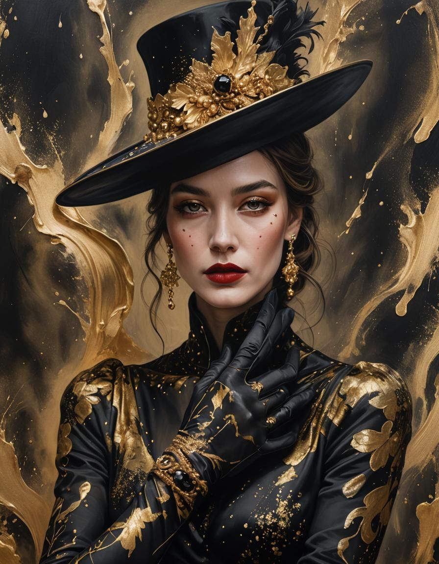 Woman in Black and Gold Gown, Photorealistic Portrait