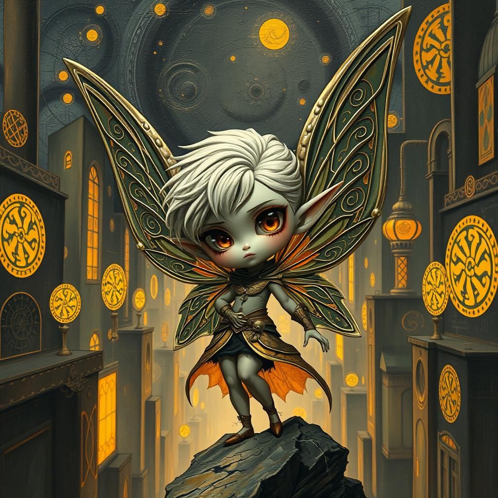 Chibi Fairy Elf in Dystopian Sci-Fi Cityscape
