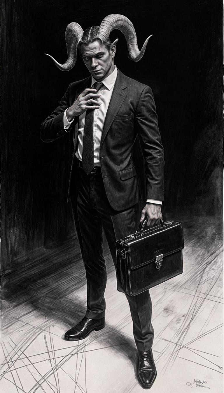 Demon Lawyer in Chiaroscuro with Ink and Watercolour Style