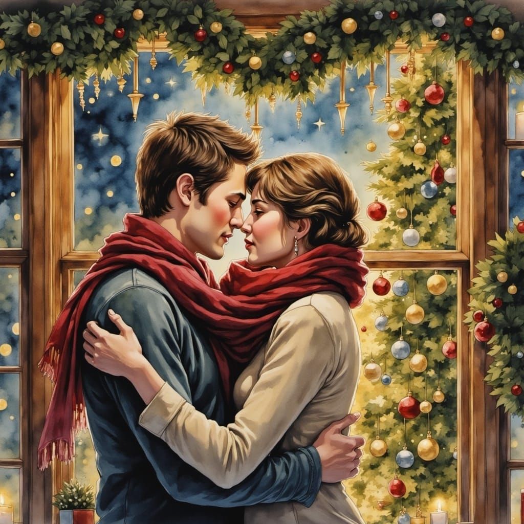 Tender Couple Under Mistletoe in Whimsical Watercolour Chris...