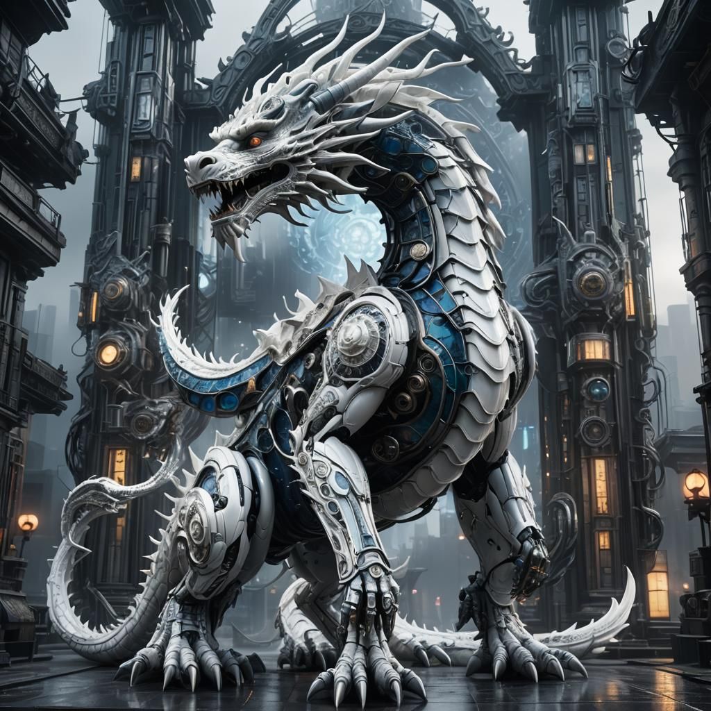 Giger Style White Dragon in Sci-Fi City