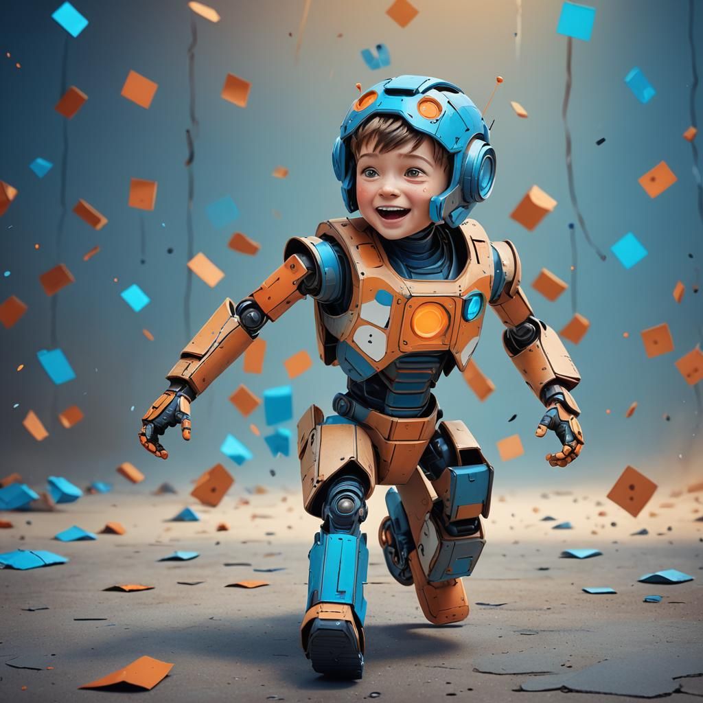 Boy in Robot Costume: Vibrant 3D Concept Art