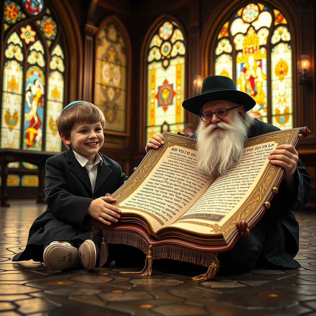 Orthodox Jewish Boy Studies Torah Scroll in Cozy Synagogue S...