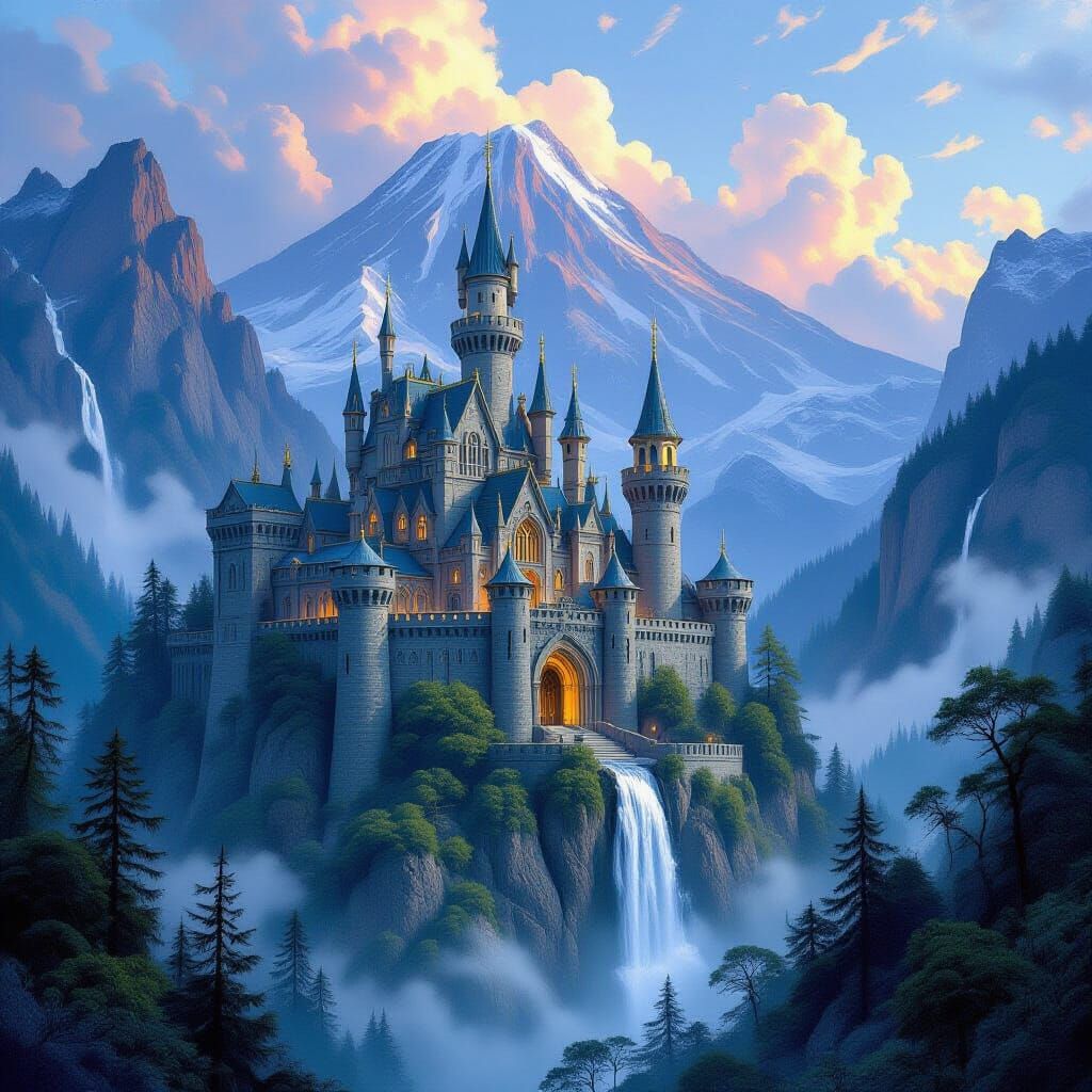 Mystical Castle in Mountains with Volcano, Ethereal Lighting