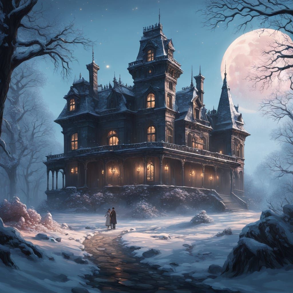Regal Couple Strolls Away from a Foreboding Gothic Mansion u...