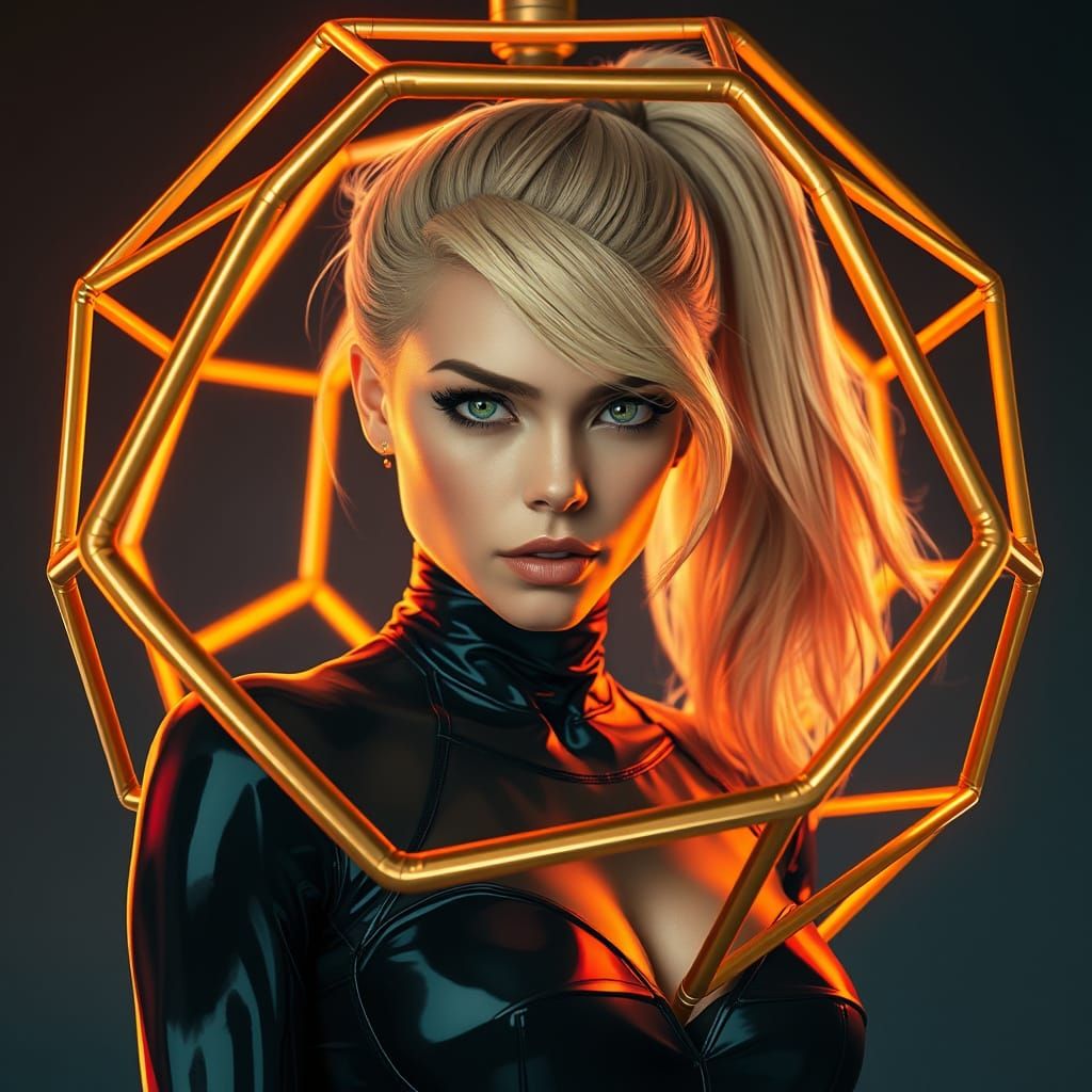Woman Caged in Golden Octahedron, Futuristic Art