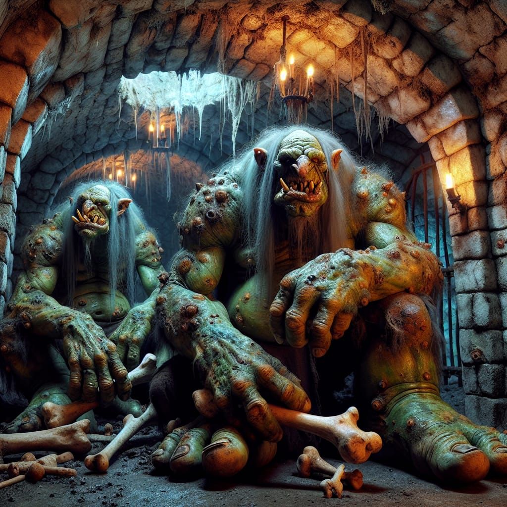 Hideous Trolls Gnawing Bones in Dungeon Depths