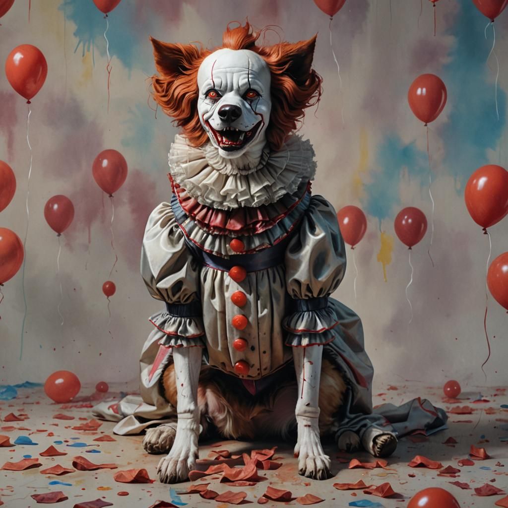 Dog as Pennywise in Hyperrealistic Splash Art