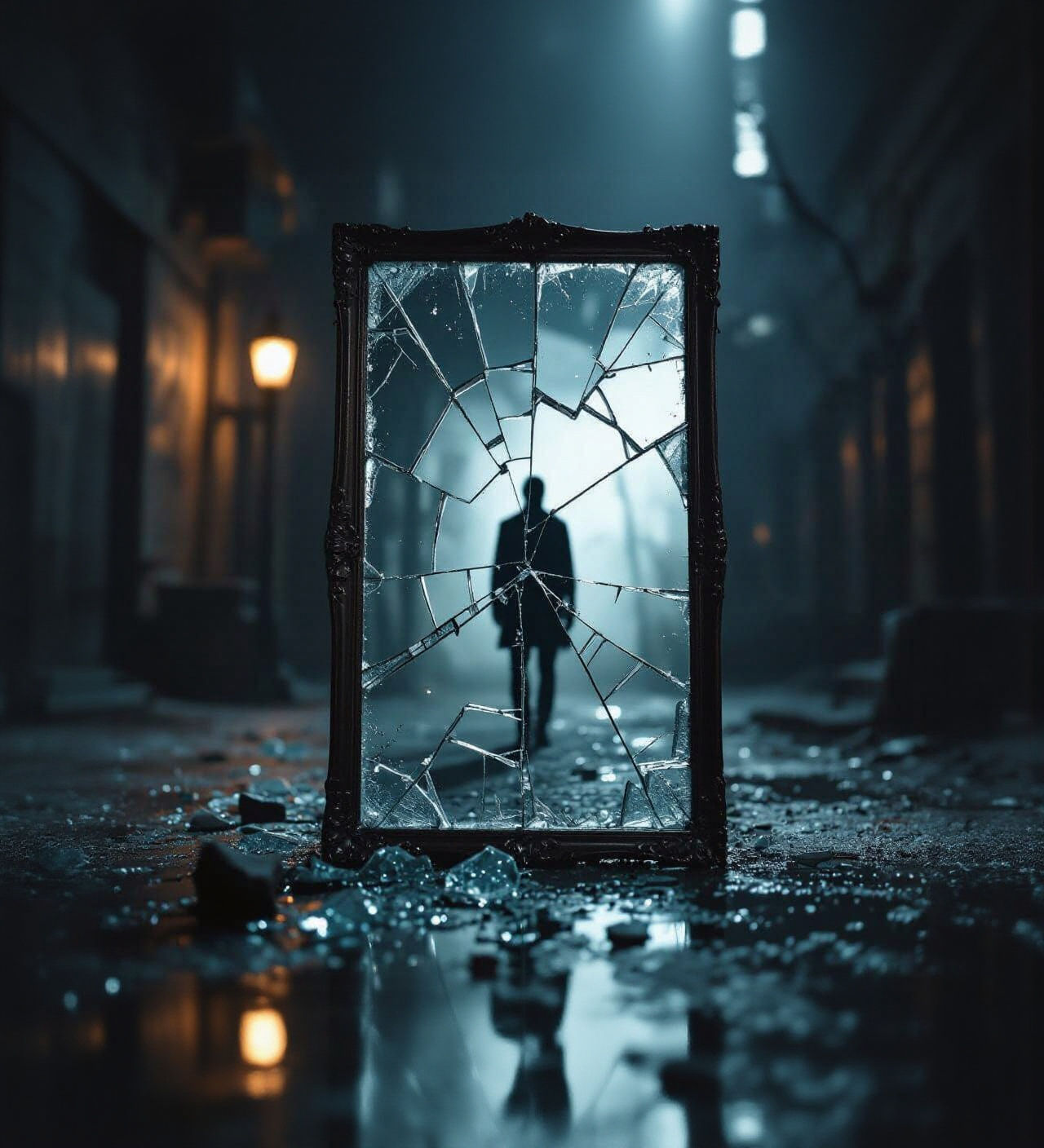 Shattered Mirror Reflection: Lone Figure