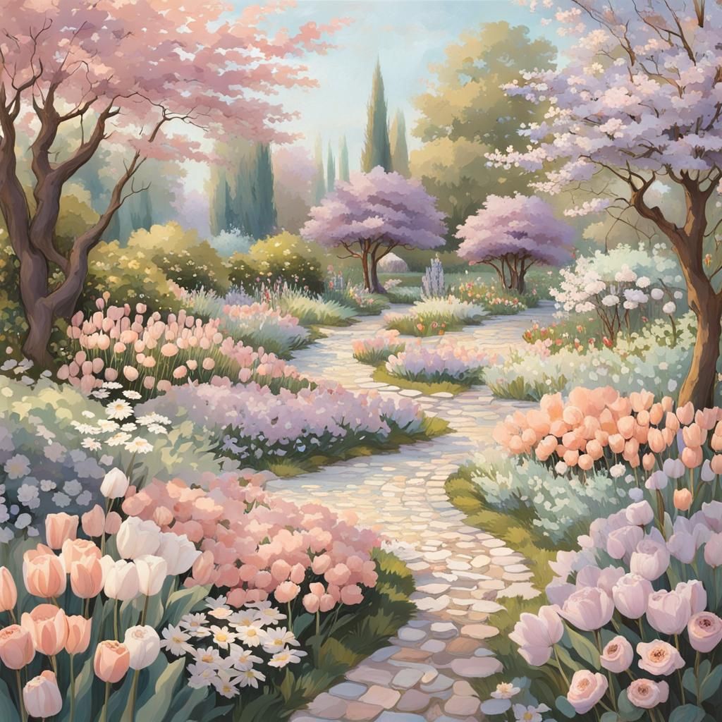 Whimsical Pastel Garden in Full Bloom
