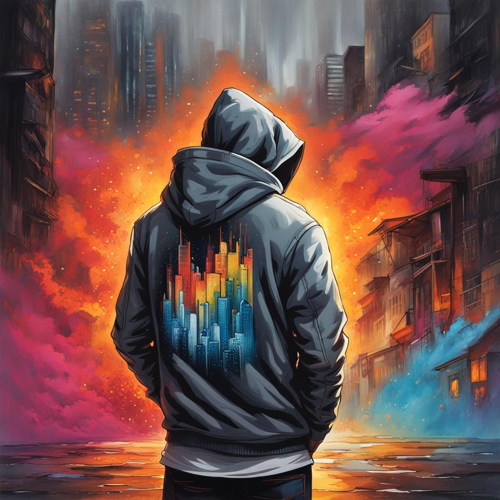 Hooded Man in Ruined Cityscape: Graffiti Art