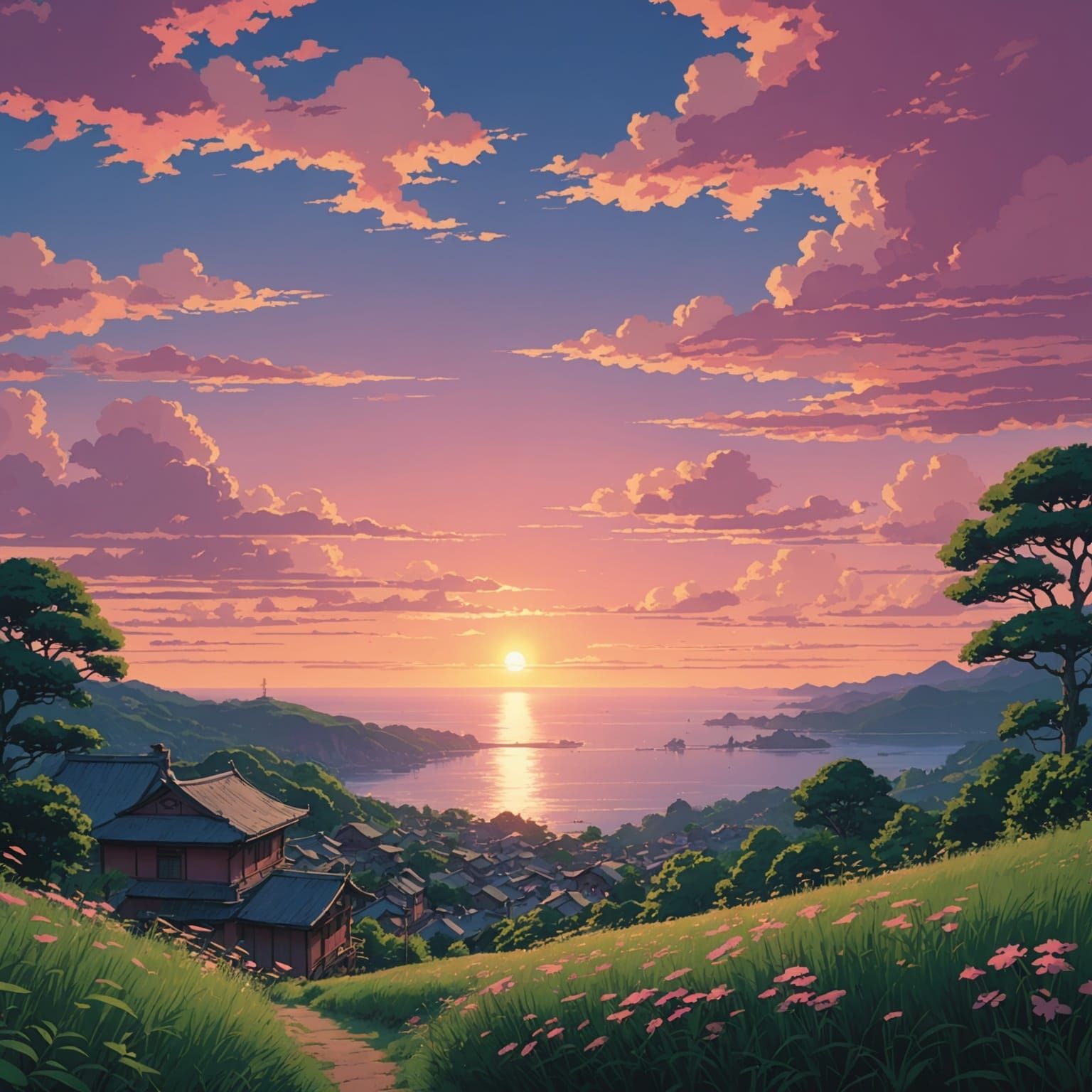 Pink Sunset in Studio Ghibli Anime Style
