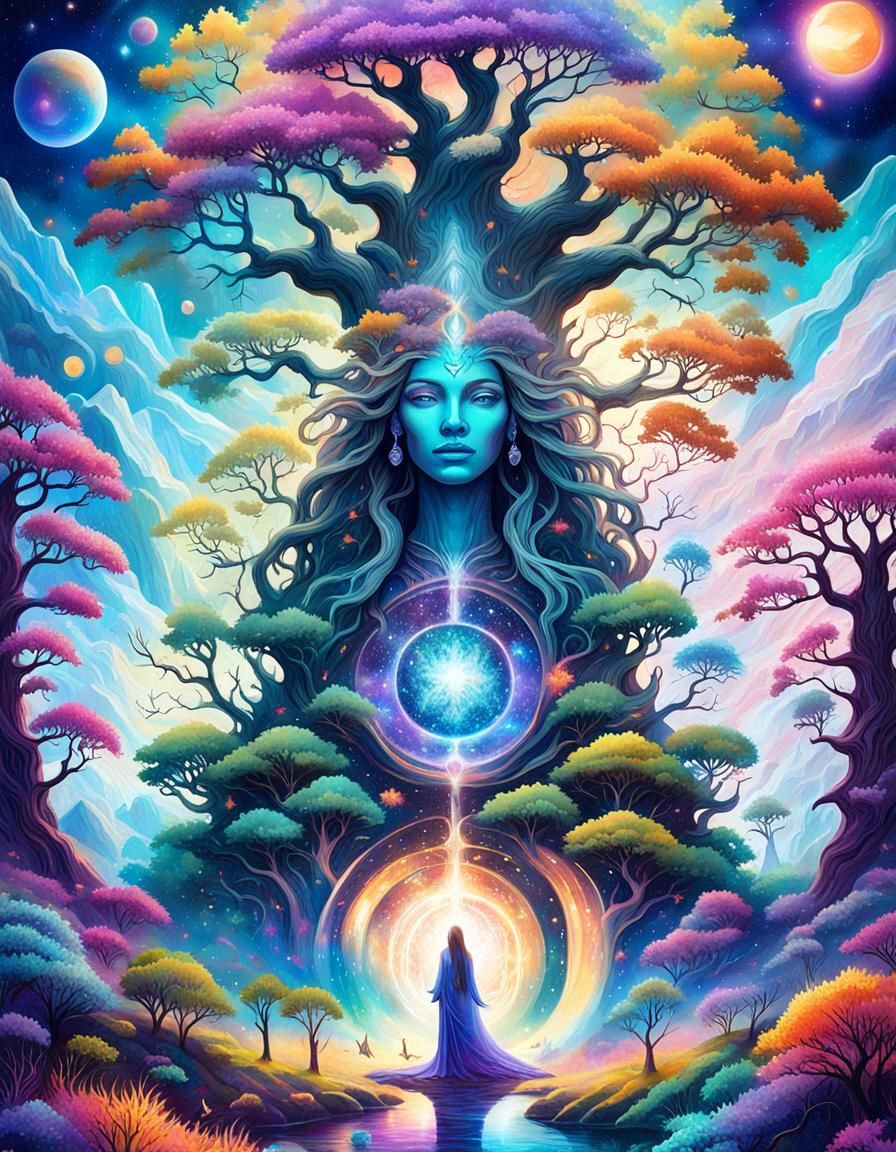 World Tree Goddess with Cosmic Fog Illustration