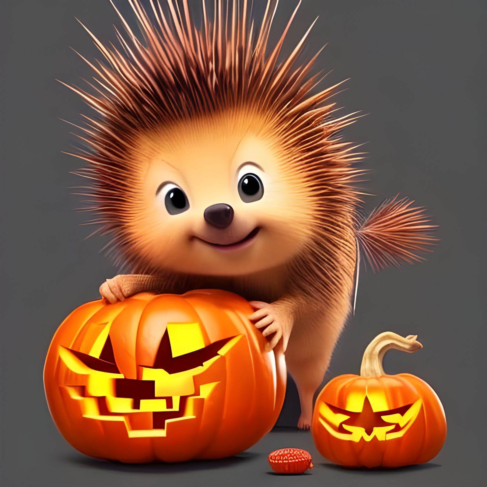 Cute Porcupine with Pumpkin in Pixar Style