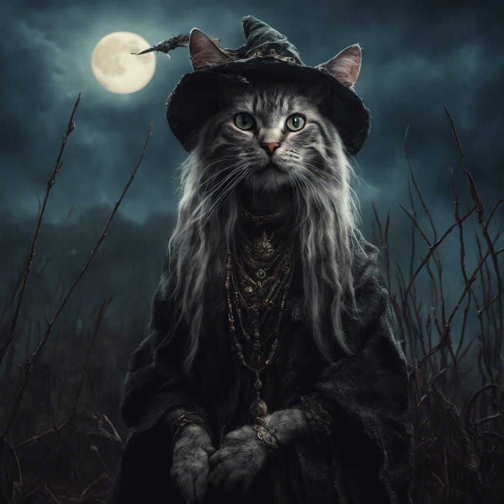 Moonlit Bog Witch Portrait with Cat