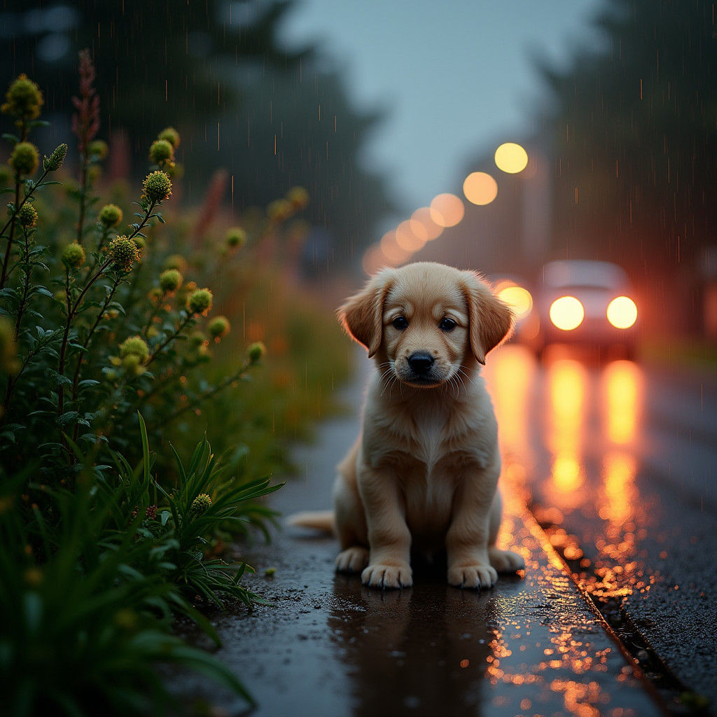 Rainy Night Scene with Puppy