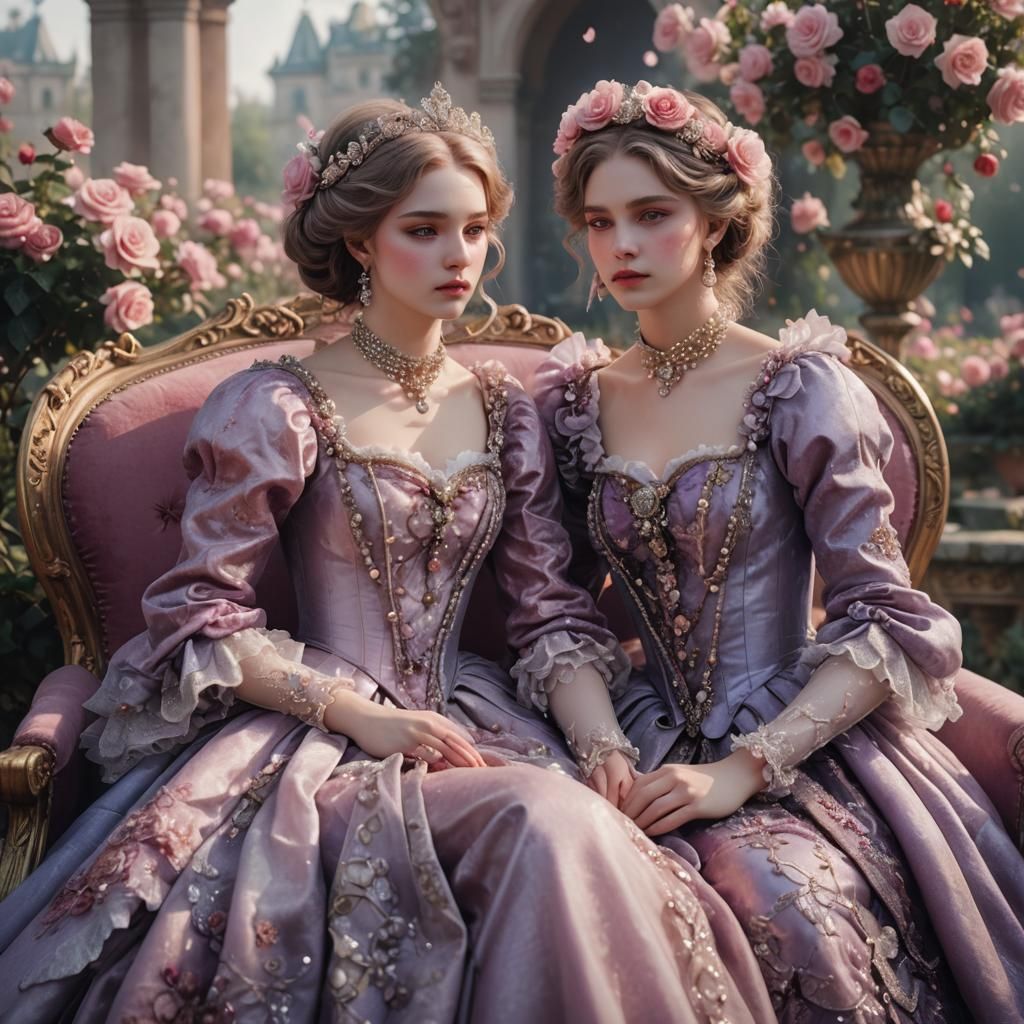 Ethereal Embrace: Baroque Anime in Rose Garden