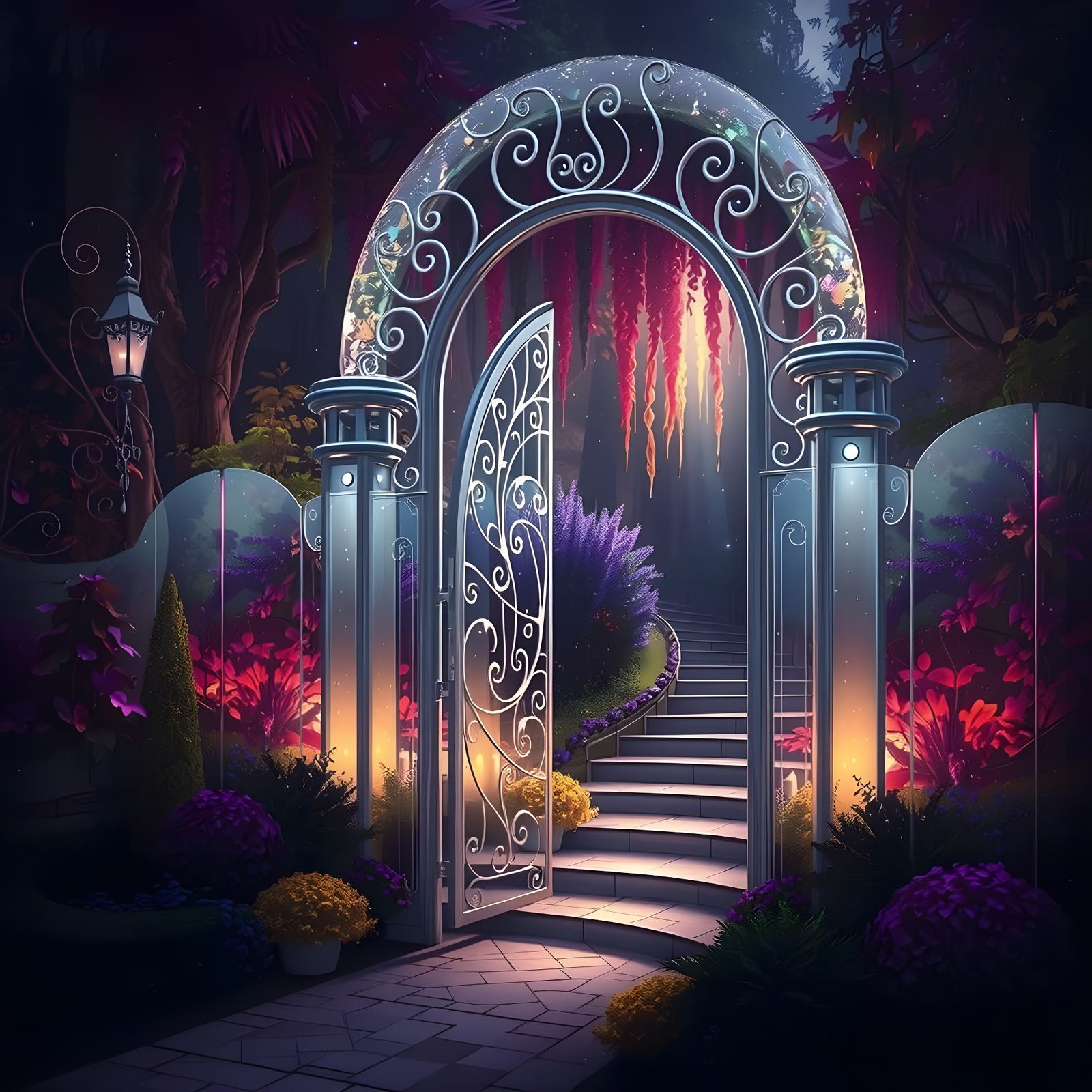 Elegant Glass Gate to a Vibrant Fantasy Garden