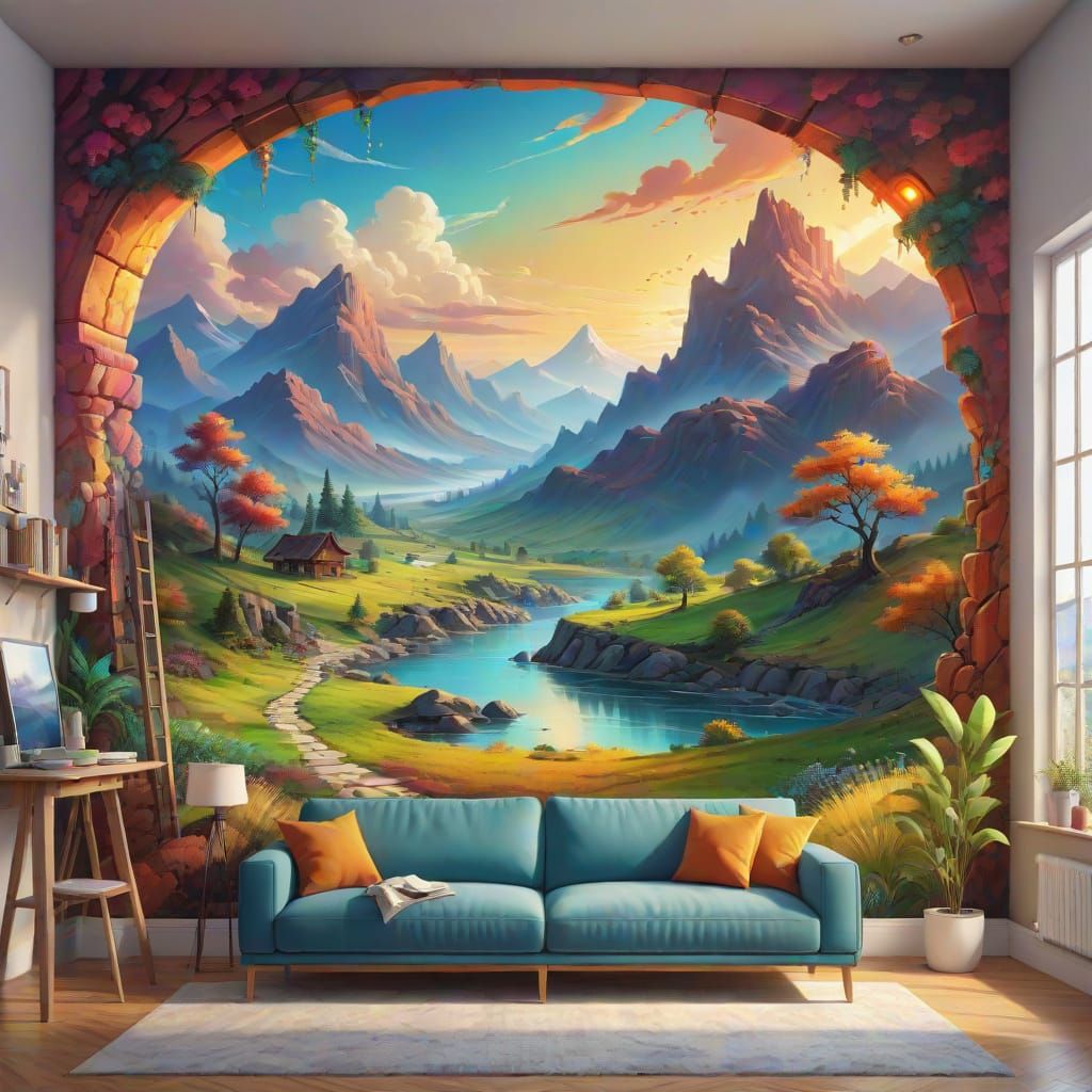 Detailed Airbrush Landscape Mural in Fantasy Art Style