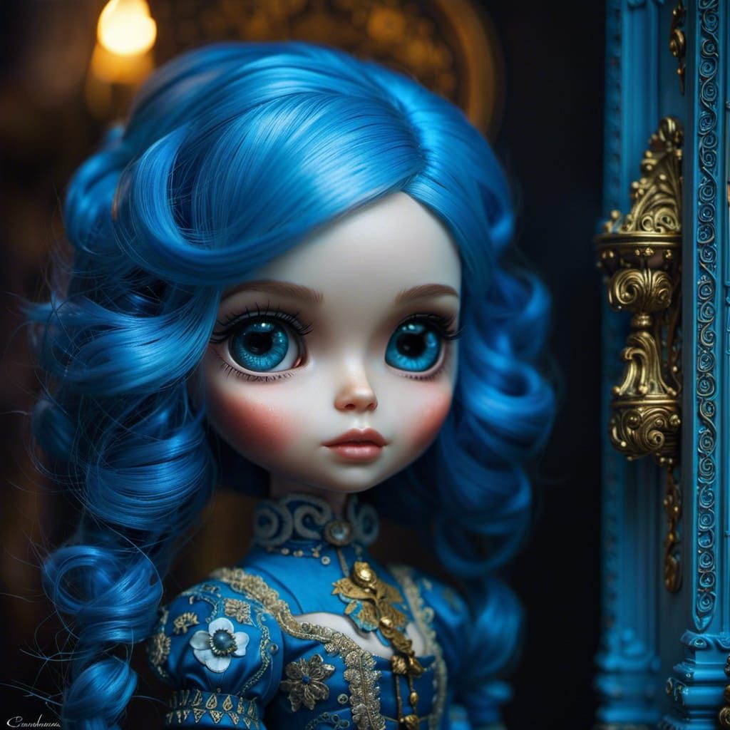 Blue-Haired Doll in Rococo Castle, Digital Art