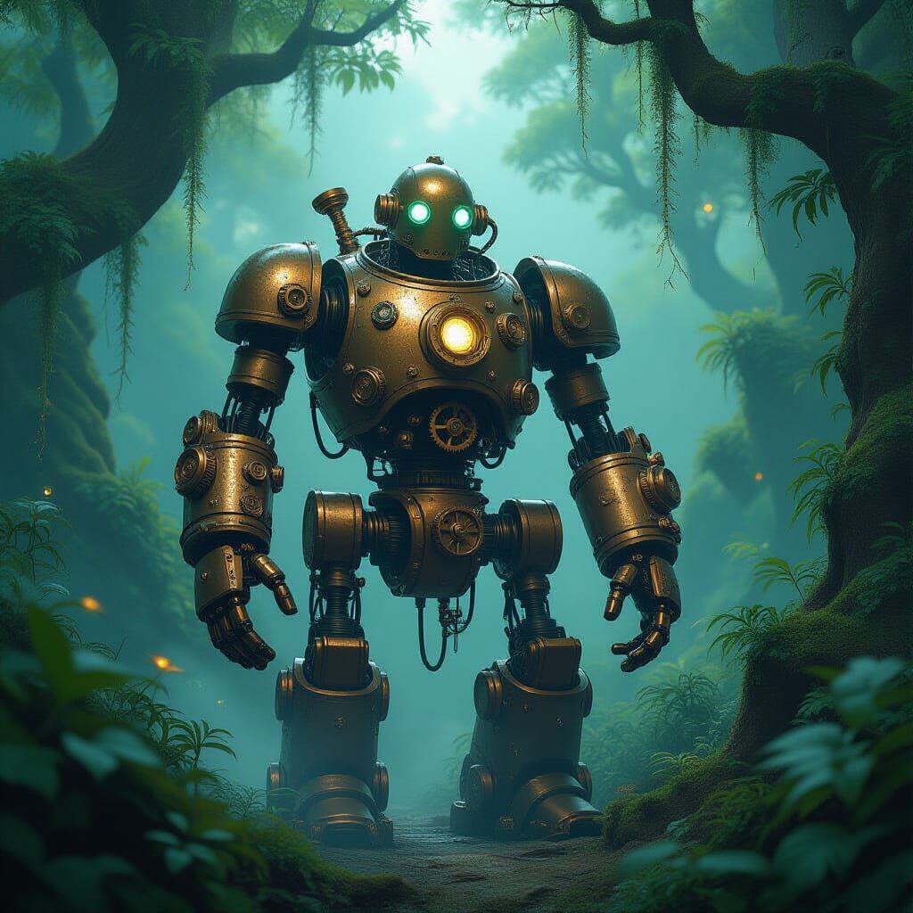 Steampunk Golem Guarding Bioluminescent Grove