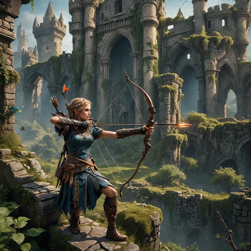 Fantasy Faerie Archer in Ruined Castle